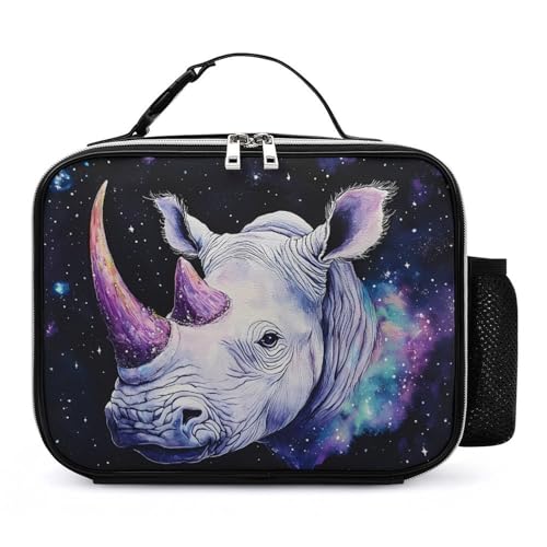 Rhino with Purple Horns Leather Lunch Bag with Buckled Handle Insulated Portable Meal Lunchbox for Work Travel