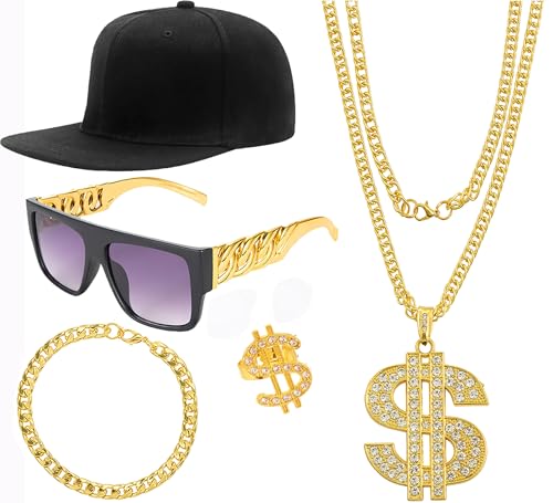 CHTRYTOM Hip Hop Jewelry Set - Rapper Costume with Dollar Sign Necklace Ring 80s 90s Outfit for Men Women Halloween Costume Accessories