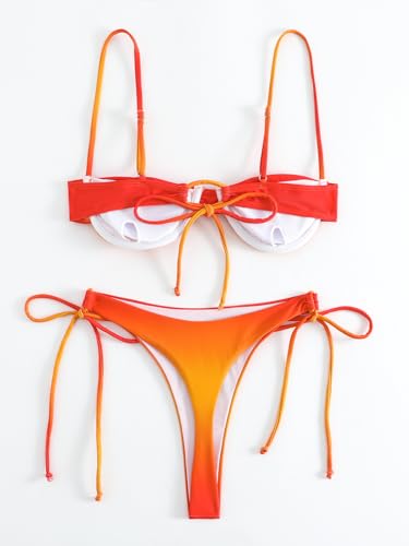 YAUASOPA Underwire Bikini Top V-Wired Ruched Swimwear Two Piece Gradient Bikini Sets Tie Side Bathing Suits4