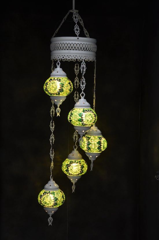 Lampe pendante mosaïque multicolore plafonnier en verre vert et lustre marocain 5 boules