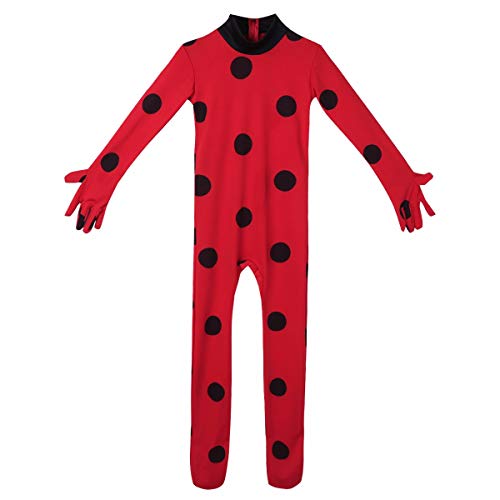 Tiaobug Enfant Fille Déguisement Coccinelle Miraculeusechat Noir Body Pois Combinaison à Manches Longues Masque Sac Bodysuit Cosplay Ladybug