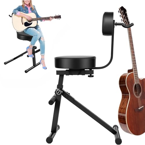 Image of Adjustable Guitar Stool with Stand & Backrest, 225LBS Heavy-Duty Padded Guitar Seat with Footrest, Foldable Ergonomic Guitar Chair for Home Practice, Studio & Stage(Black)