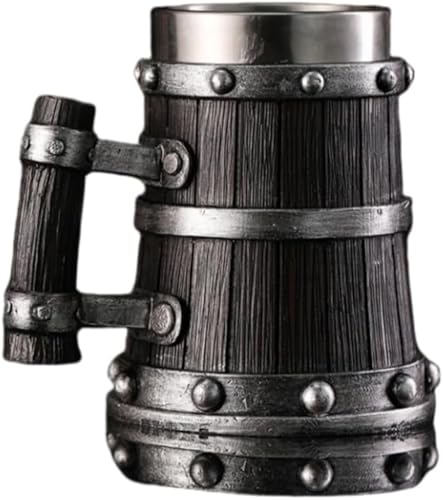 海賊ジョッキ ビール ジョッキ 木樽型 大容量 600ml 手作りビールマグ ハイボール グラスマグカップ レトロ風 木調ステンレス製 コップ ミルク ティー 紅茶 飲料 カップ 酒器 ップパーティー家庭用 (C)