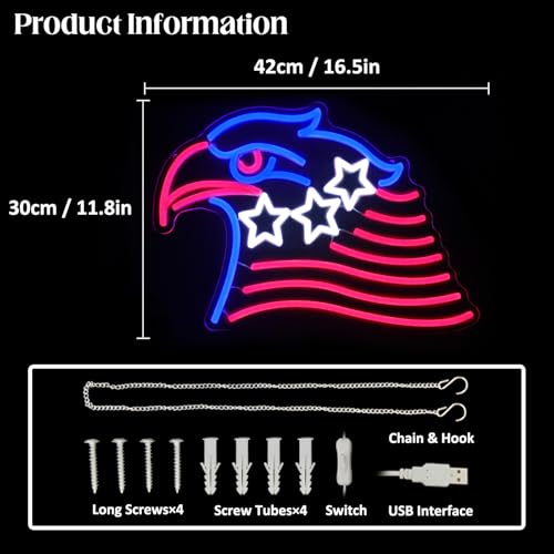 Image of Patriotic Eagle Flag Neon Sign USA Stars and Stripes Light for Wall Decor | Dimmable 4th of July Neon Sign, Acrylic Eagle LED Neon Lights for Bedroom, USB Powered, Memorial Day American Eagle Day Decor