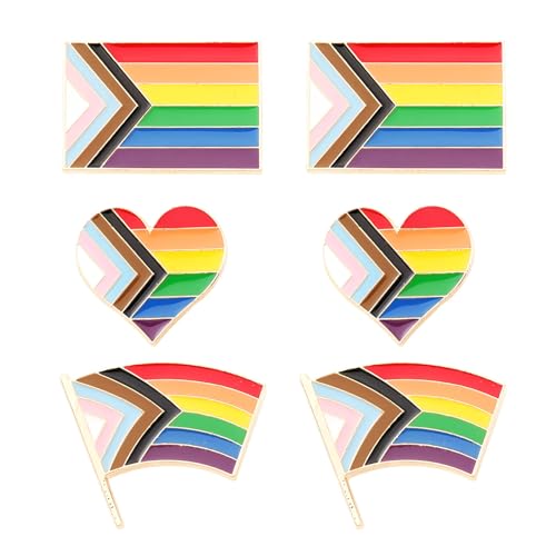 6 Pcs Progress Pride Pins – Rainbow Heart, Flag, and Banner Lapel Badges – LGBTQ+ Accessories for Backpack, Hat, Clothes – Pride Month Gift Decorations