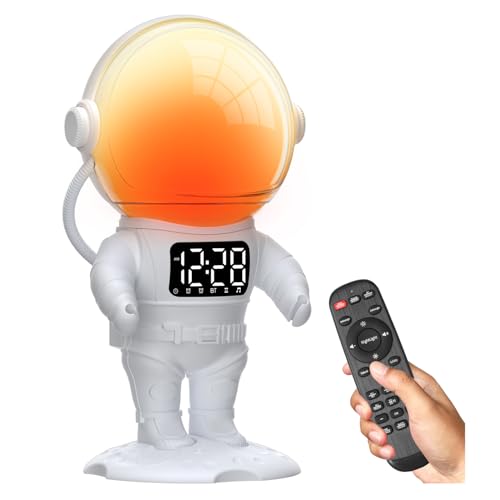 Image of AFEXOA Astronaut Sunrise Alarm Clock for Kids, White Noise Sound Machine with 30 Soothing Sounds, 22 Dimmable Nightlights, Bluetooth Speaker, Dual Alarms, Wake Up Light for Bedroom(White)