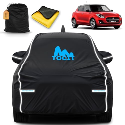 Image of Swift Waterproof Long Life Car Cover with Safety Glow Reflective Strap, Premium Stretchable Velvet Velour Fabric, Machine Washable, Tri-Stitch Custom Fit with Mirror & Antenna Pocket