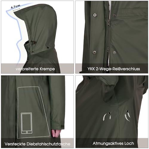 rhythm of the rain Regenmantel Damen lang Regenparka Damen wasserdicht atmungsaktiv gefütterte Regenjacke Trenchcoat Übergangsmantel Parka Outdoor, Grün, 40/L