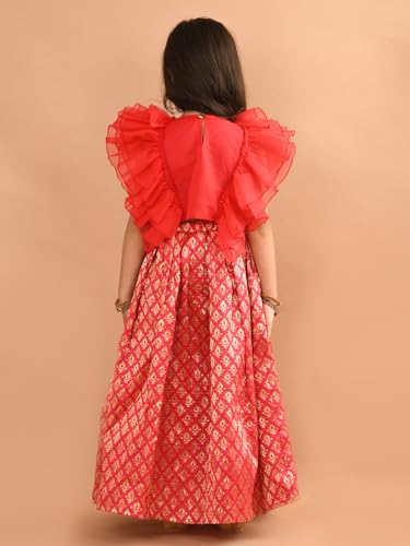 Image of Lilpicks Ruffle Sleeveless Blouse with Brocade Flared Lehenga Set for Girls (Pink)