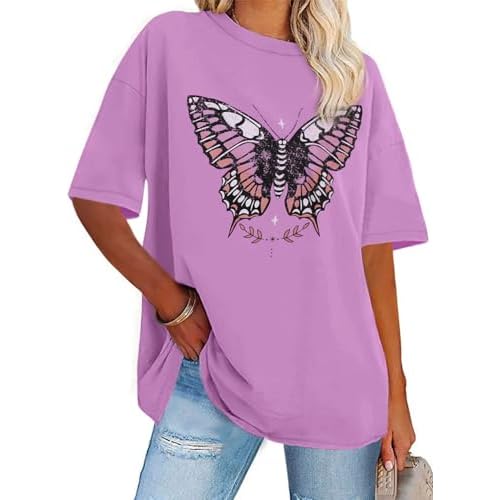 Womens Oversized Tshirt Graphic Tees Crew Neck Summer Short Sleeve Loose Fit Tops（Purple Black Butterfly, S）