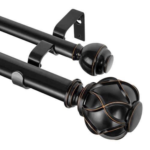 KAMANINA 1 Inch Double Curtain Rods 66 to 120 Inches (5.5-10 Feet) Telescoping Heavy Duty Drapery Rod for Windows 54 to 115, Netted Texture Finials, Black