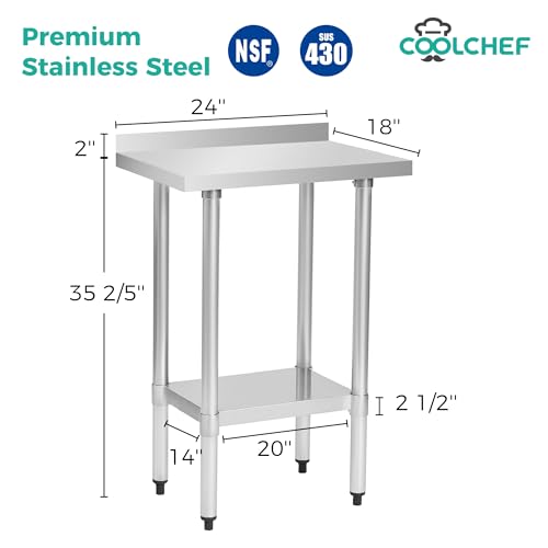Image of Stainless Steel Work Table 18 x 24 Inch, NSF Commercial Prep Table with Undershelf, Heavy Duty Food Prep Workstation with Backsplash