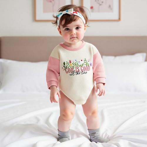 Baby Girl Christian Clothes God is Good Flower Embroidery Bubble Romper Waffle Long Sleeve Bodysuit Fall Outfits2