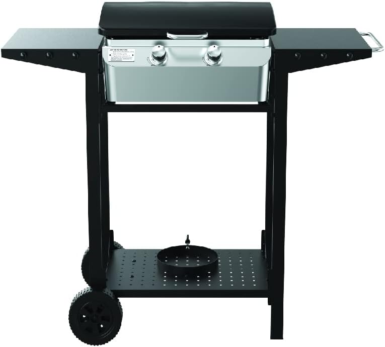 Nexgrill Outdoor Cooking 2 Burner Propane Griddle Grill, 21.65″ x 15″ 323sq.in Portable Gas Griddle grill, Flat Top for Camping, Patio, Cart with Wheel, Side Shelves with Hooks, Black and Silver