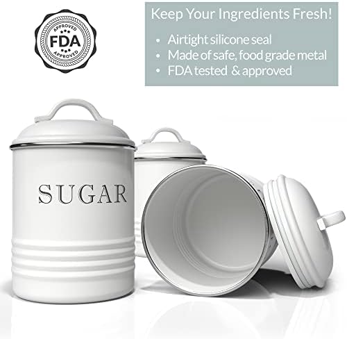 Barnyard Designs White Canister Sets for Kitchen Counter, Vintage Kitchen Canisters, Country Rustic Farmhouse Decor for the Kitchen, Coffee Tea Sugar Farmhouse Kitchen Decor, Metal, Set of 3