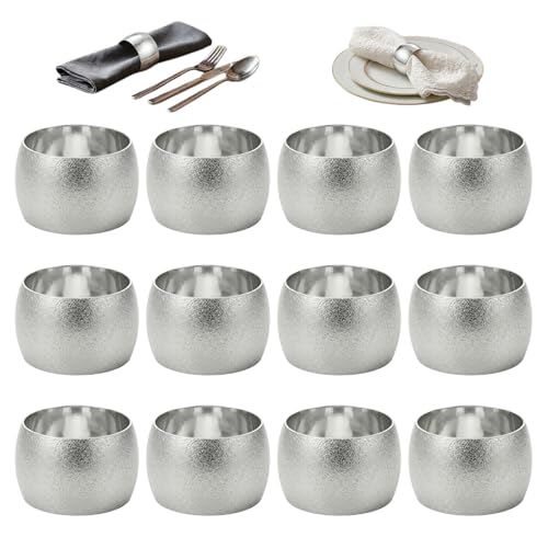 Porte-Serviettes Ronds en métal Couleur argentée, Lot de 12pcs, Accessoire de Table élégant Classique, idéal pour Noël, Mariage, dîner et Anniversaire