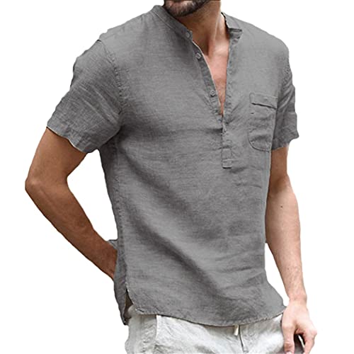 Chemise manches courtes homme coton lin gris col mao été taille S