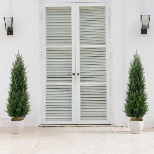Artificial Topiary Cedar Trees 4FT Tall 2 Set, Outdoor Indoor Faux Pine Shrubs Plants, Realistic Fake Plants Front Porch Decor, Artificial Bushes Cypress for Home Front Door Offices