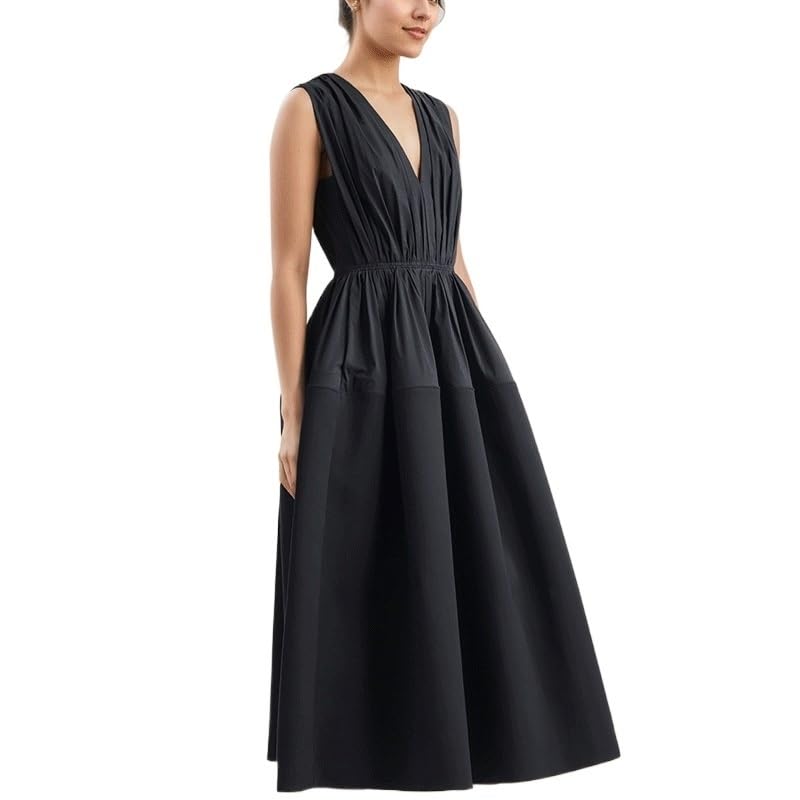 Foreign Trade Women's Clothing Slimming Dress Black V Neck Long Skirt for Casual Outings2