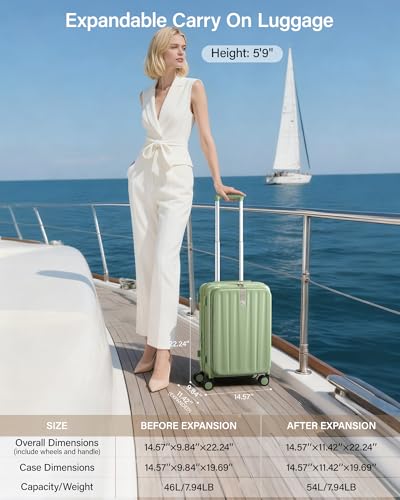 Image of Hanke 56cm Expandable Cabin Trolley Bag, 15.6 Inch Laptop Compartment, Top Opening Hard Shell Polycarbonate, 8 Durable Silent Spinner Wheels, Lightweight Carry On Suitcase for Women,Bamboo Green