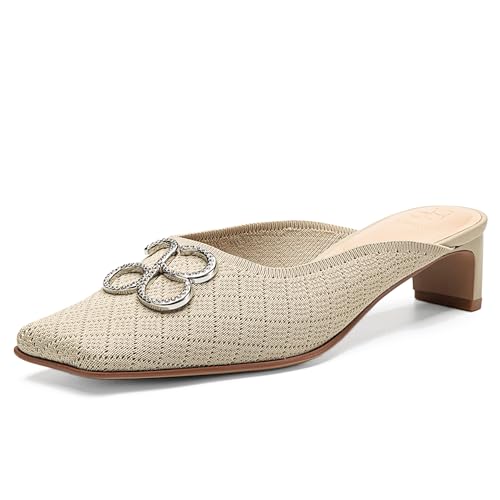 Image of NEWBELLA Women's Square Toe Heeled Mules - Low Heel Slip-On Lightweight Commuter Shoes, Comfortable Fabric Loafers for Office & Casual Wear, Apricot 5