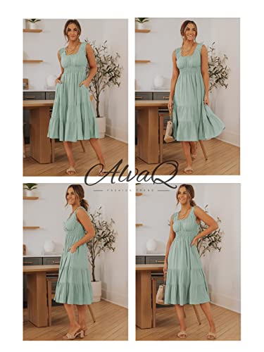 Alvaq Green Dress For Women Summer Classic Solid Color Sexy Scoop Neck Elastic Waist Beach Sundress Maxi Dresses Fashion 2023 Medium #TOP6