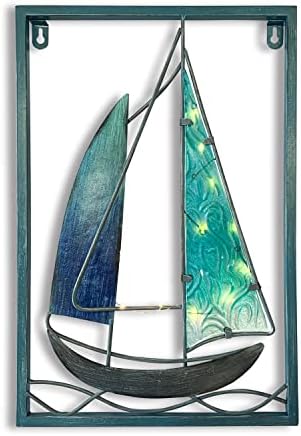 Metal Wall Art with Led Lights - Nautical Bathroom Wall Decor - Sea Theme Wall Decor for Living Room Bedroom Hallway Office Kitchen Wall Hanging Decorative, Sailboat Home Decoration Holiday Gift Ideas