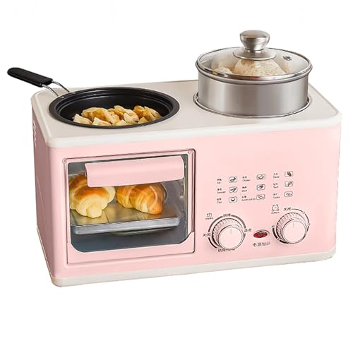 4-In-1 Breakfast Maker Machine, 1200w Multifunctional Breakfast Maker with 8L Double Capacity Oven and Deepen 1L Cooking Pot, Breakfast Station with Steamer & Timer, for Apartment Small Kitchen pink
