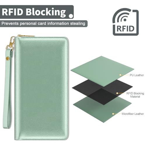 Image of Nipichsha RFID Wristlet Wallet for Women, Large Credit Card Clutch Purse with Zipper & Phone Holder, Leather Card Holder with Wrist Strap, Green