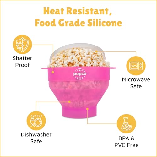POPCO Hotpop Silicone Popcorn Popper - Large Microwave Corn Popper with Handles - Dishwasher Safe Silicone Popcorn Bowl - Ideal for Quick Snacks - Transparent Pink