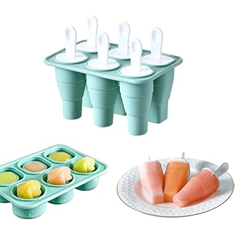 Collapsible Popsicle Molds 6 Grids DIY Ice Lolly and Ice Cream Moulds Silicone Ice-Pop Molds Easy Release Ice Cream Mold Reusable Popsicle Stick with Drip-Guards (Green) Cover
