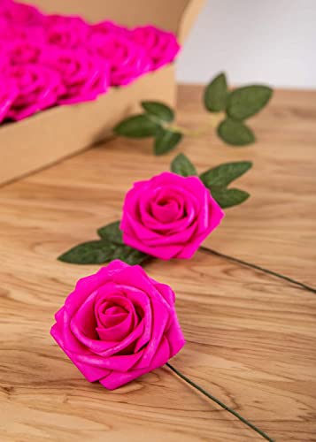 Exoment 25Pcs Artificial Flower Foam Rose Real Touch Roses Flower Heads With Stem For Diy Wedding Bouquets Centerpieces Arrangements Party Baby Shower Home Decor (Hot Pink) #TOP2