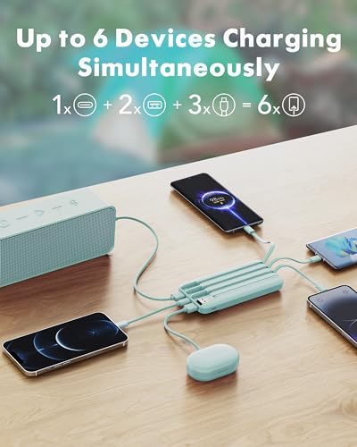 Image of charmast Portable Charger with Built in Cables, Power Bank with Cords Wires, Slim 10000mAh Travel Battery Pack 6 Outputs 3 Inputs 3A Fast Charging for Samsung Google Pixel LG Moto iPhone iPad