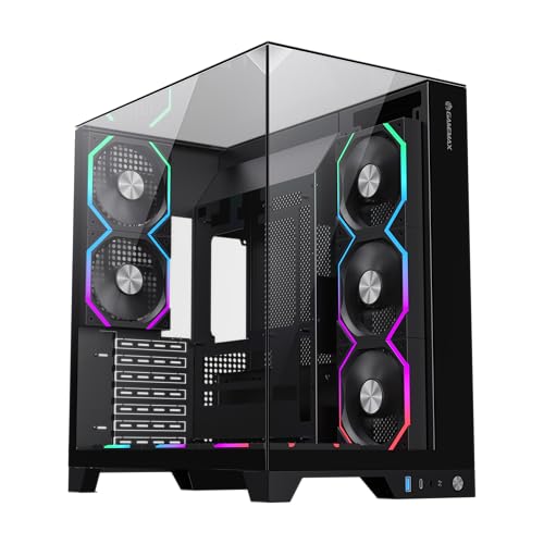 GAMEMAX Infinity PRO BK PC Gehäuse ATX Midi Tower, Panoramaglas 3-Seiten, 5X ARGB PWM Lüfter vorinstalliert, USB-C & Aura Sync, BTF Mainboard, Wasserkühlung bis 360mm – Schwarz