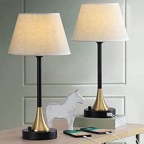 JS NOVA JUNS Table Lamps Set of 2, Bedside Nightstand Lamps with Dual USB Charging Ports, Desk Lamps with Metal Base Fabric Lamp Shade for Living Room Bedroom Office, 20" High Cover