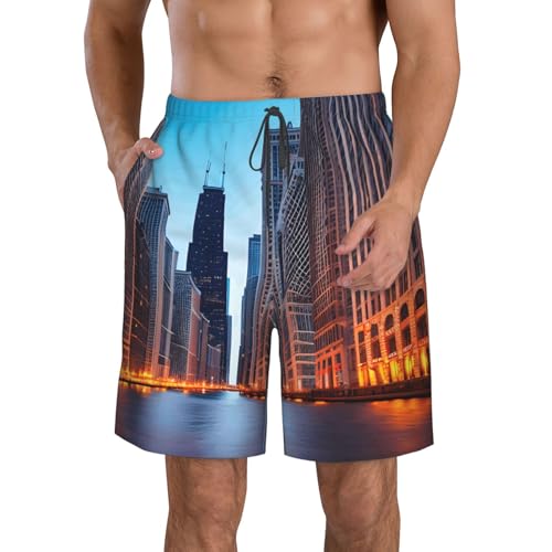 Chicago Illinois USA Print Mens Casual Shorts Drawstring Summer Beach Stretch Shorts Novelty Swimtrunks