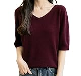 Suéter de lana con cuello en V para mujer, para primavera, otoño e invierno, suéter de lana de punto de manga corta, Rojo oscuro, XL