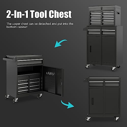 Goplus Tool Chest, 5-Drawer Rolling Tool Storage Cabinet with Detachable Top Tool Box, Liner, Universal Lockable Wheels, Adjustable Shelf, Locking Mechanism, Metal Tool Cart for Garage Workshop