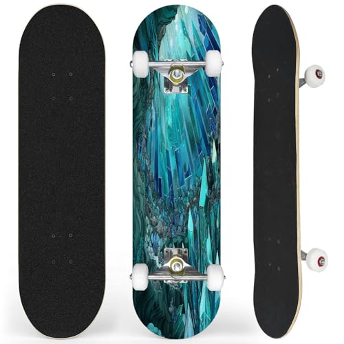 Complete Skateboard with Life Crystal Fish Teal Cliff Stained Glass Beginner Skateboard 7-Layer Maple Wood Double Kick Concave Skateboards for Kids, Adults, Teens 31