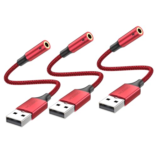 Image of MOSWAG USB to 3.5mm Jack Audio Adapter,USB to Aux Cable with TRRS 4-Pole Mic-Supported PC to Headphone AUX Adapter External Sound Card for PC PS4 PS5 and More (0.65Ft /20cm(3pack), Red)