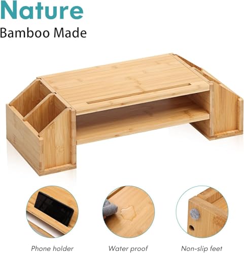 Image of VBM Monitor Riser Stand Bamboo Computer Laptop, Printer, PC with Storage Slot Adjustable Desktop Stand For Home , Office (wooden monitor stand)