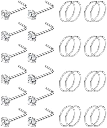 28PCS Hypoallergenic Nose Rings Hoops Studs - 316L Stainless Steel Nose Ring for Women Men - L Shaped CZ Nose Stud Hoop Nostril Piercings Jewelry Set 18G 20G 22G Silver Rose Gold Black Rainbow