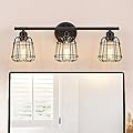 Elibbren 3-Light Bathroom Vanity Light Fixtures Over Mirror, Matte Black Bathroom Lighting Fixtures with Cage, E26 Base Farmhouse Wall Sconces for Bedroom Cabinets Living Room, UL Listed