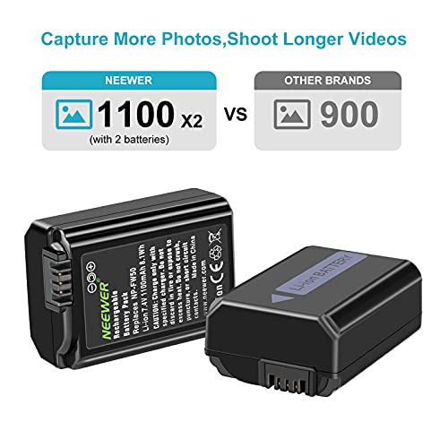 Image of Neewer 2-Pack NP-FW50 Replacement Battery and Dual USB Charger Compatible with Sony ZV-E10, A7, A7R, A7RII, A7II, A7SII, A7S, a3000, a5000, a6000, a6300, a6400, a6500, RX10 Series Camera