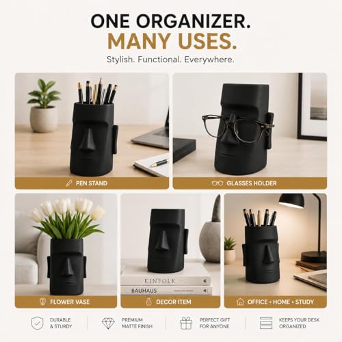 Image of Moai Desk Organizer with Eyeglass Holder - Silicone Pen Stand & Pencil Holder, Multifunction Stationery Organizer for Study Table, Office Desk & Home Storage (Multicolor, Pack of 1)