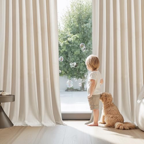 Image of StangH Beige Velvet Curtains 96 Inch Length, Luxury Warm Beige Drapes for High Ceiling Studio, Aesthetic Minimalist Room Darkening Window Coverings, W52 x L96, 2 Panels