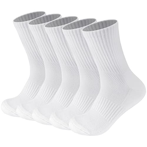 Elfcool Basketball Socks, 5 Pairs Thick Cushioned Running Socks For Men And Women, Solid Athletic Cotton Crew Socks W/Arch-Support Mesh Ventilating For Hiking, Traveling, Working, And More (White) #TOP9