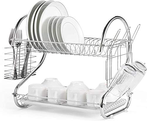 TBM 2 Tier Dish Drainer Rack with Utensil Holder Dish Drainer Cup Holder and Dish Rack for Kitchen Counter Top Silver (Chrome Plated)