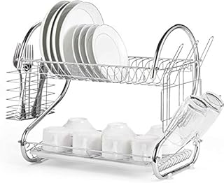 TBM 2 Tier Dish Drainer Rack with Utensil Holder Dish Drainer Cup Holder and Dish Rack for Kitchen Counter Top Silver (Chrome Plated)