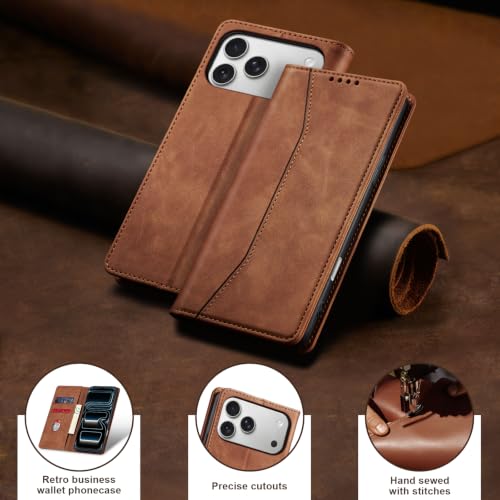 Image of Jasonyu Flip Wallet Case for iPhone 17 Pro,Leather Magnetic Folio Cover with Card Holder,Kickstand - TPU Shockproof Durable Protective Phone Case,Brown